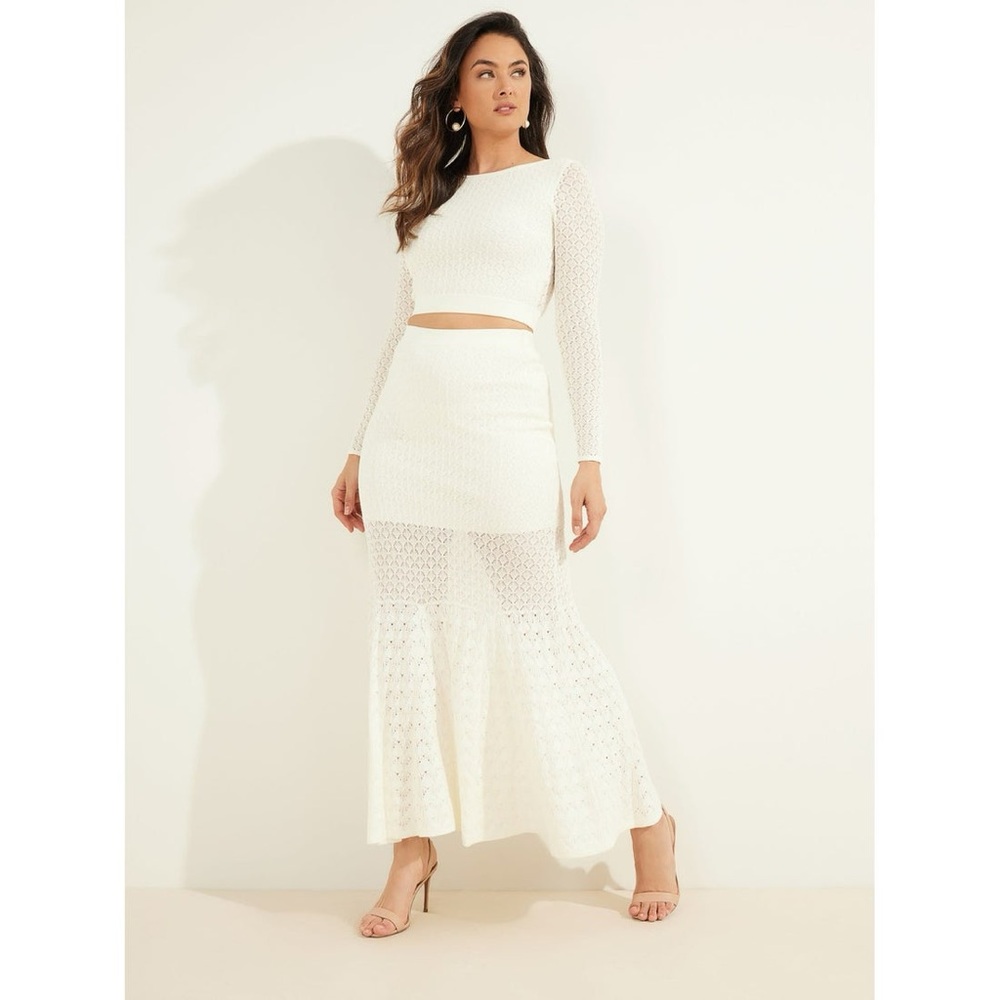 Elegant White Lace Maxi Skirt and long Sleeve matching top